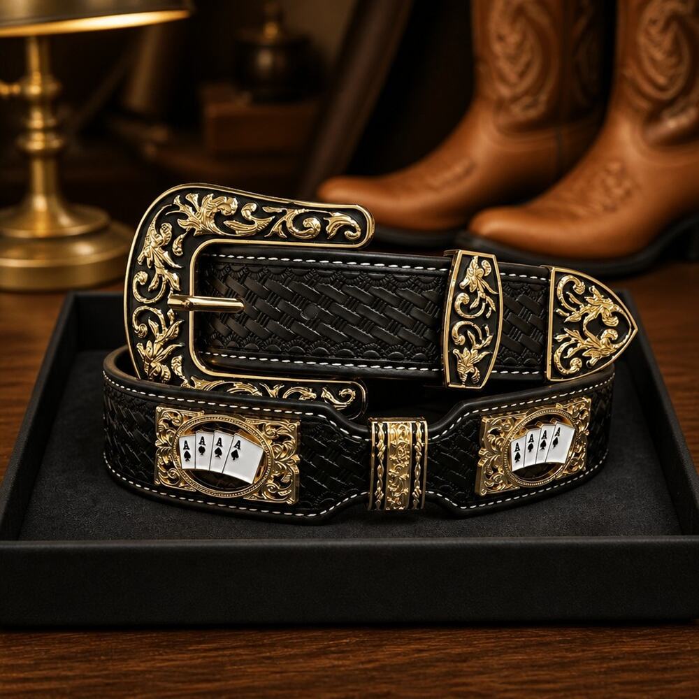 Four Aces Texas Western Belt Cowboy Cowgirl/ genuine Leather sz LG BLACK Gold